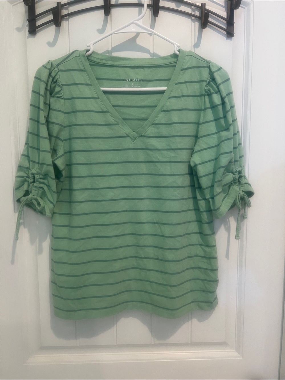 Talbots Light Green Striped V-Neck Tie-Sleeve Top